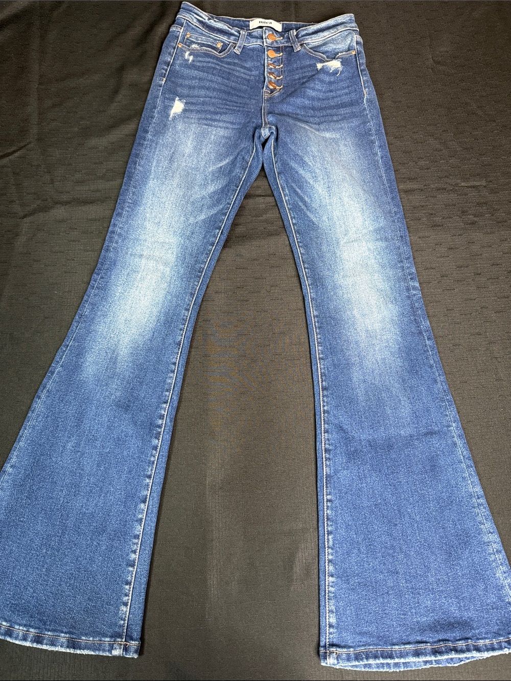 High-Rise Blue Flare Jeans with Button-Fly Size 28 Tall